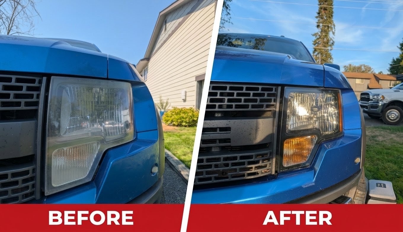 Blue truck headlight restoration before and after
