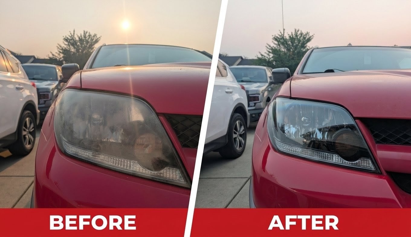 Red SUV headlight restoration before and after