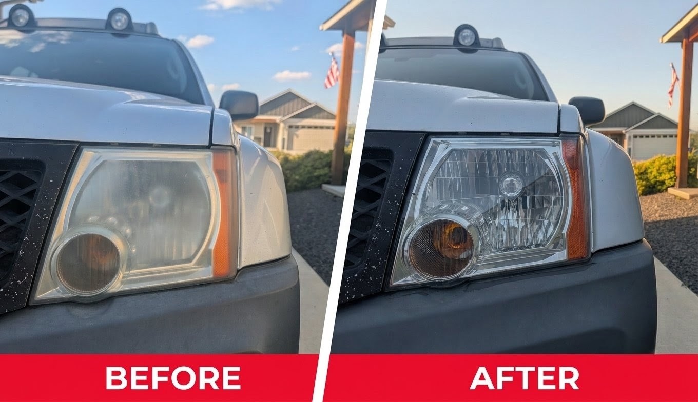 Silver SUV headlight restoration before and after