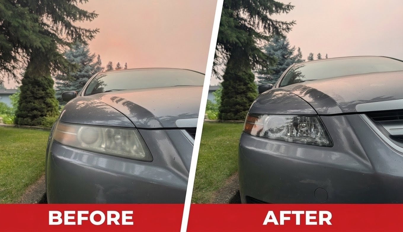 Gray sedan headlight restoration before and after