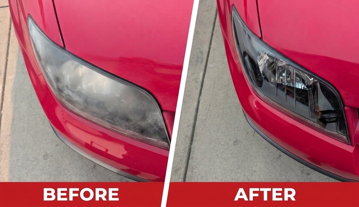 Red car headlight restoration before and after